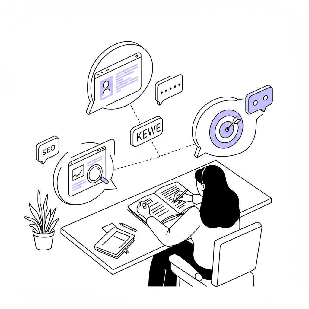 Chic line art: female entrepreneur strategically connecting SEO keywords; pastel purple webpage icon highlight | Femmeprenista
