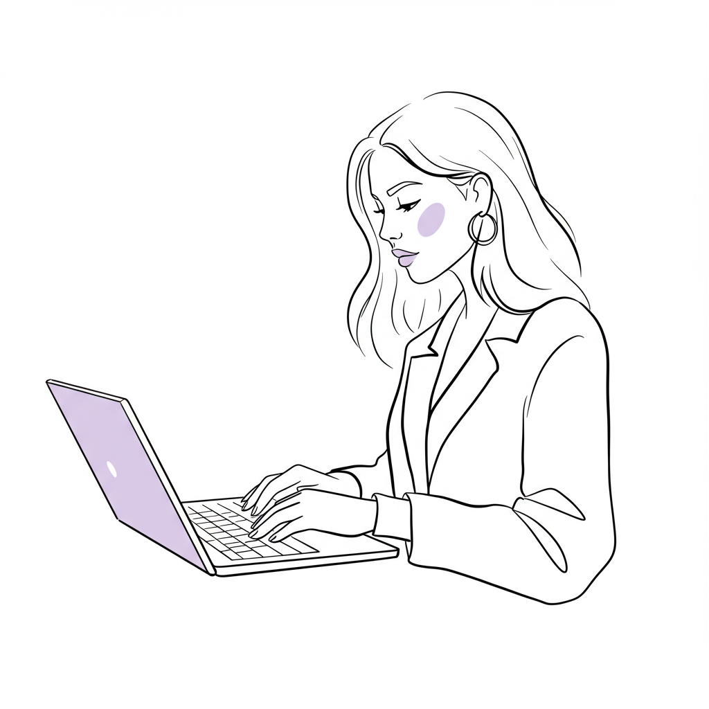 Chic line art: Empowered female entrepreneur using laptop, symbolizing online success; black and white with pastel purple laptop screen | Femmeprenista