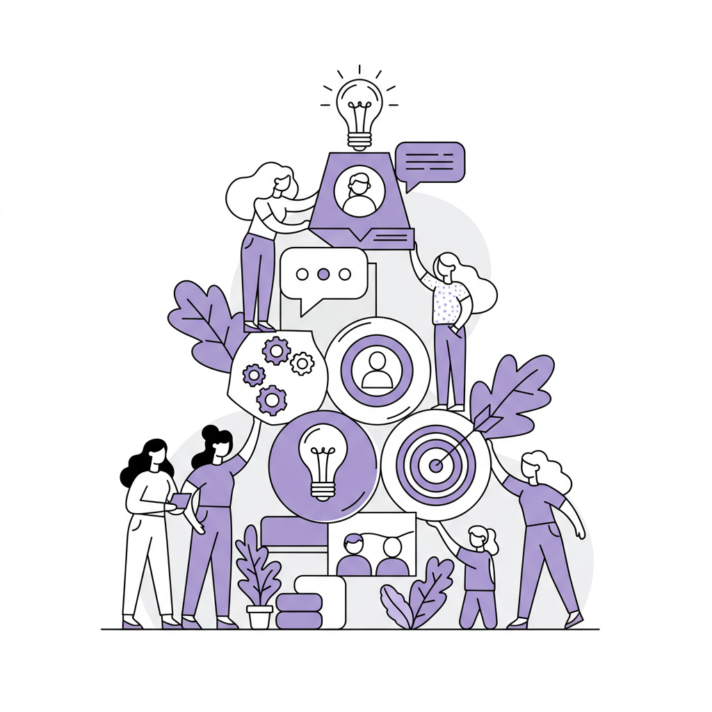 Chic line art: Millennial moms collaboratively building a rapid launch service business tower; pastel purple highlight | Femmeprenista