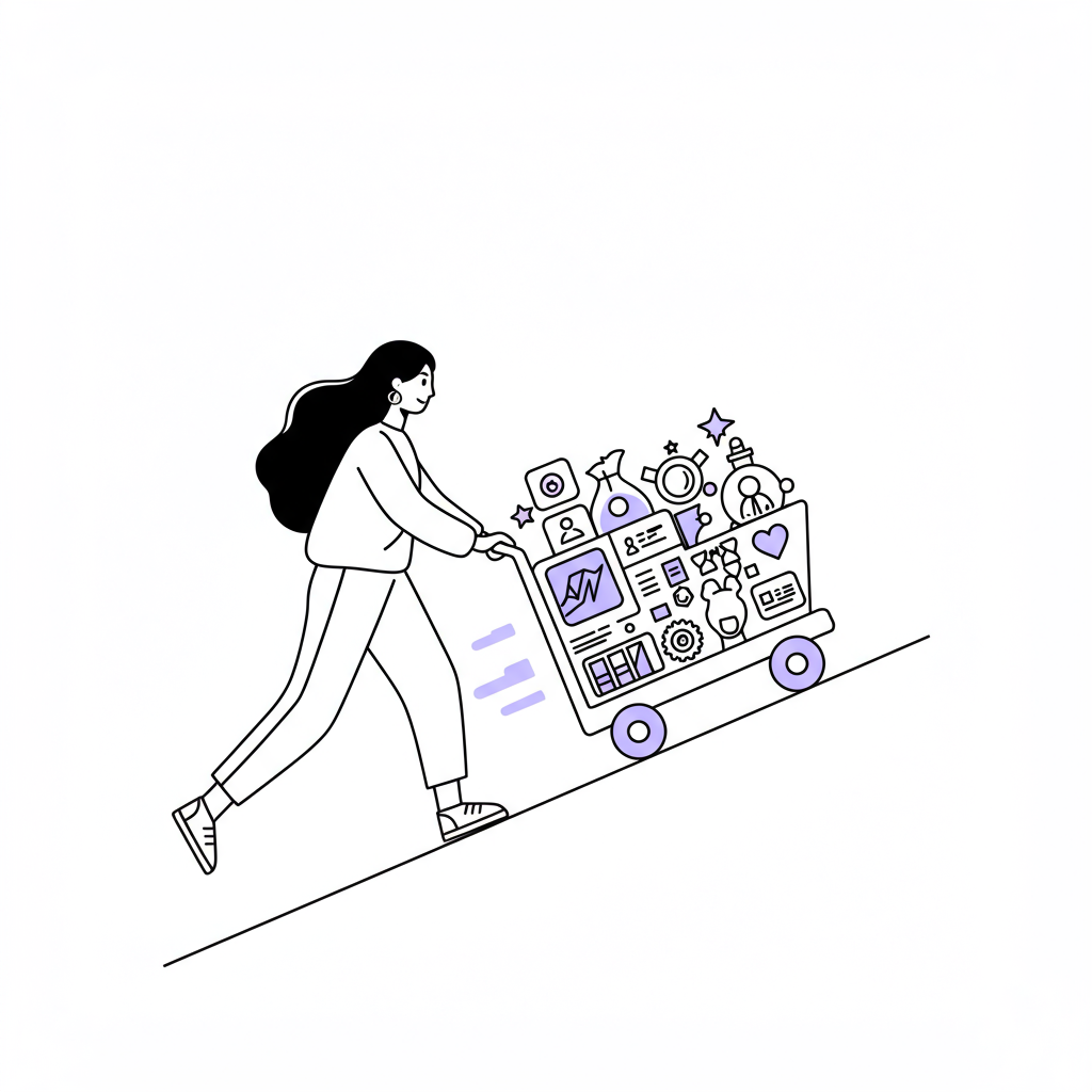 Chic line art: Latina mom pushing rapid launch service business cart uphill, pastel purple wheel for momentum | Femmeprenista