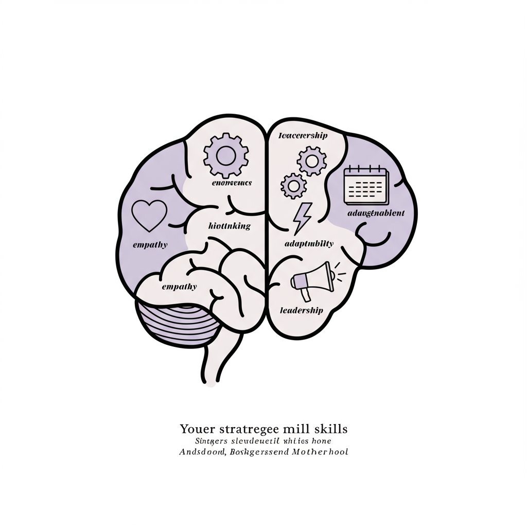 Line art illustration of a woman's brain shaped like a flower, showing motherhood CEO leadership skills; empathy in purple | Femmeprenista