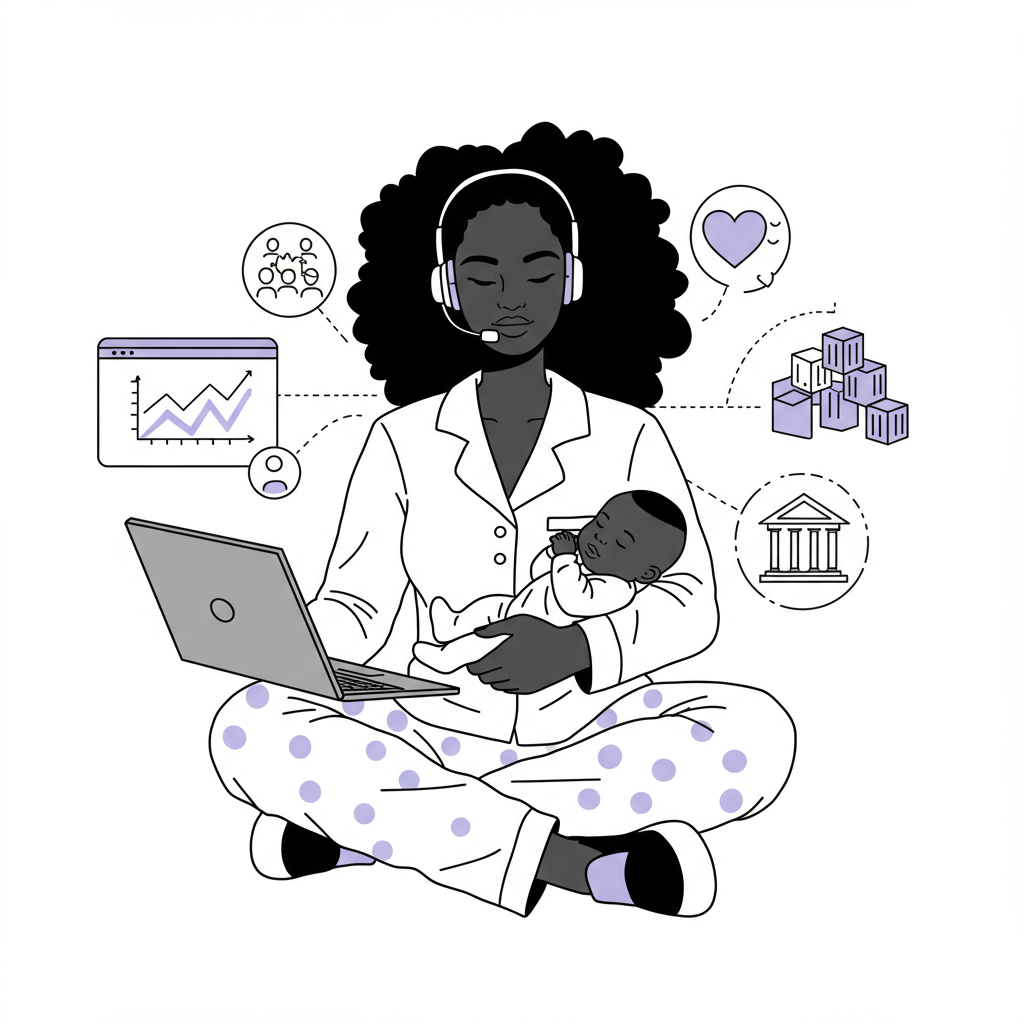 Chic line art: Black woman CEO multitasking in pajama pants with baby, leadership icons, purple blanket accent | Femmeprenista