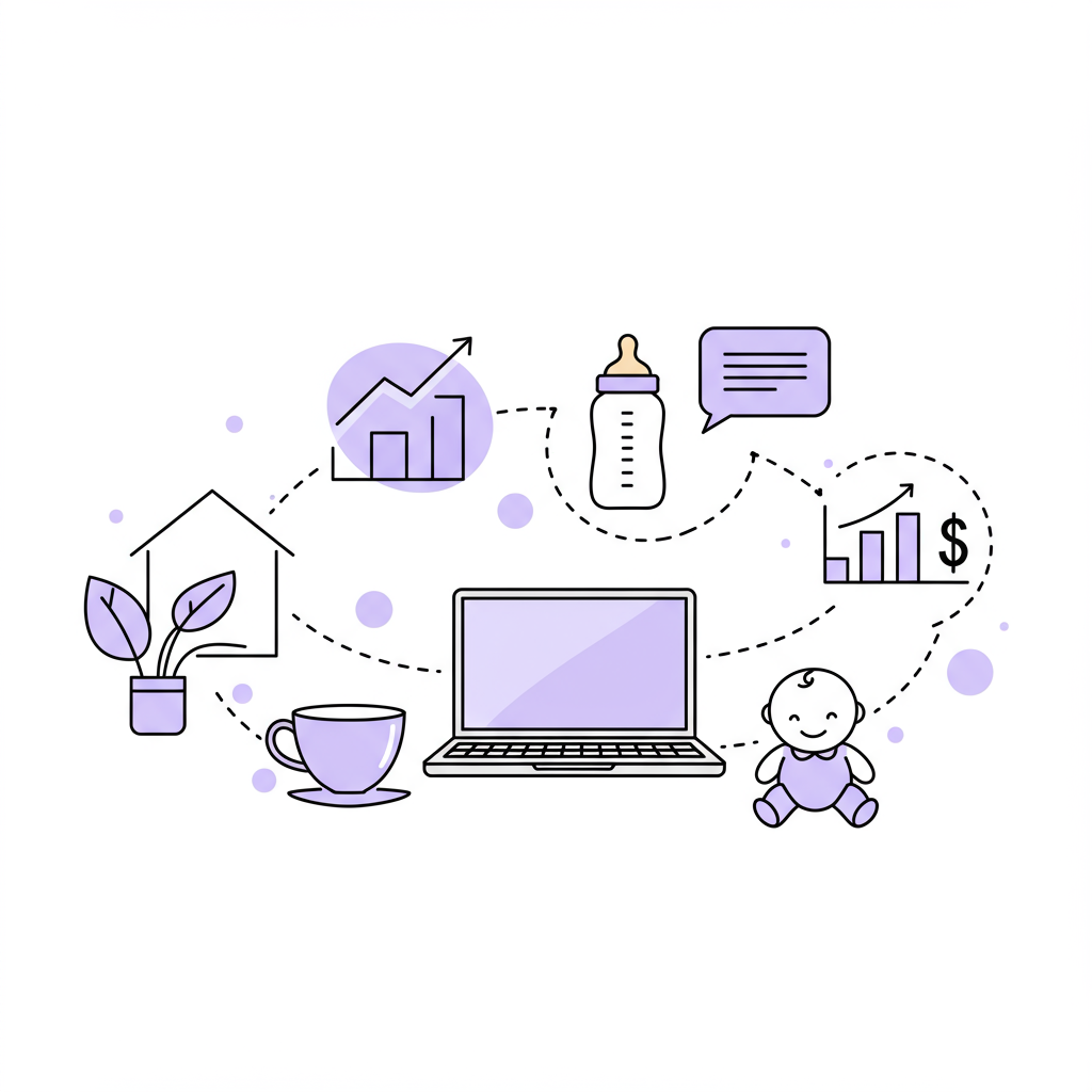Chic line art: interconnected icons representing a mother's balanced home business life; laptop glows with pastel purple | Femmeprenista