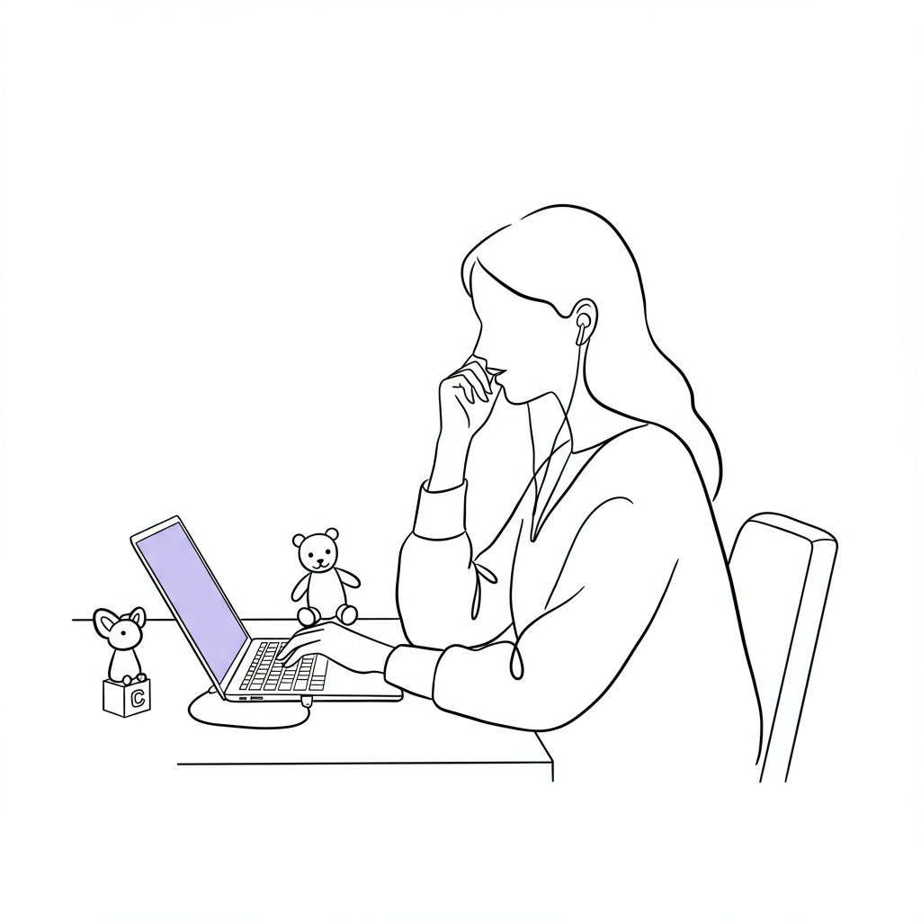 Chic line art: Woman CEO multitasking at her laptop with a child's toy subtly present; pastel purple glow on the laptop screen | Femmeprenista
