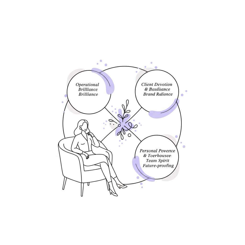 Elegant line art: Female figure surrounded by connected circles symbolizing holistic KPIs, pastel purple accent | Femmeprenista
