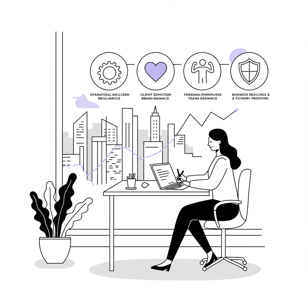 Line art: Female entrepreneur at desk with holistic KPI icons, cityscape view; pastel purple heart symbolizes client devotion | Femmeprenista