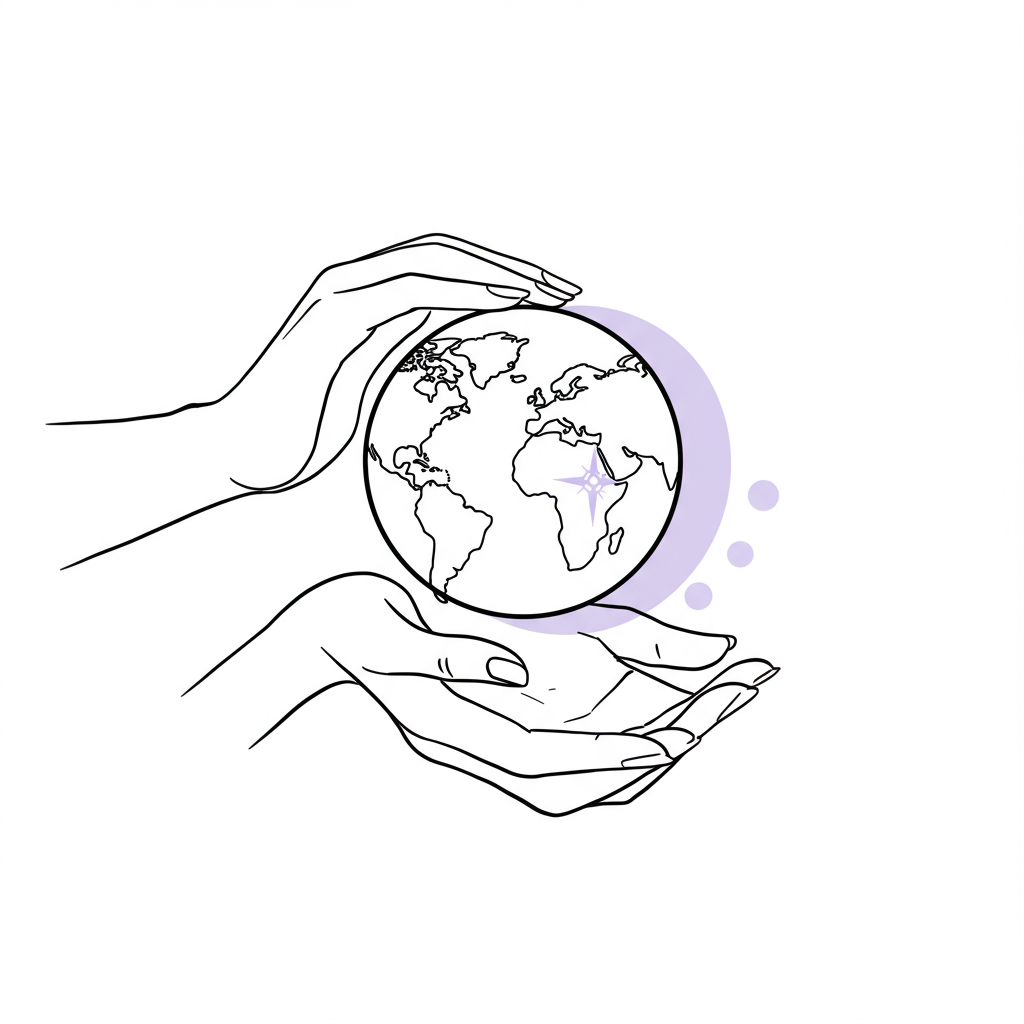 Elegant line art: Woman's hands gently holding a globe; pastel purple compass rose highlights global vision | Femmeprenista