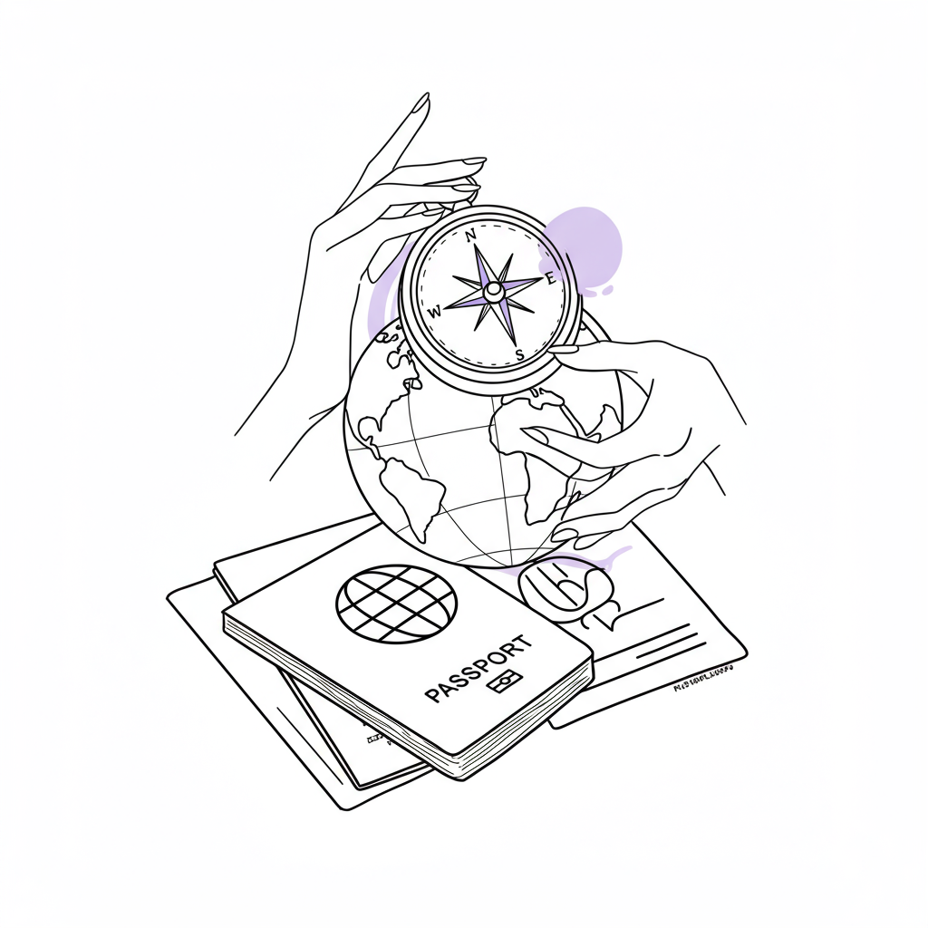 Chic line art: Compass rose atop passports, pastel purple needle; representing internationalizing online service business | Femmeprenista