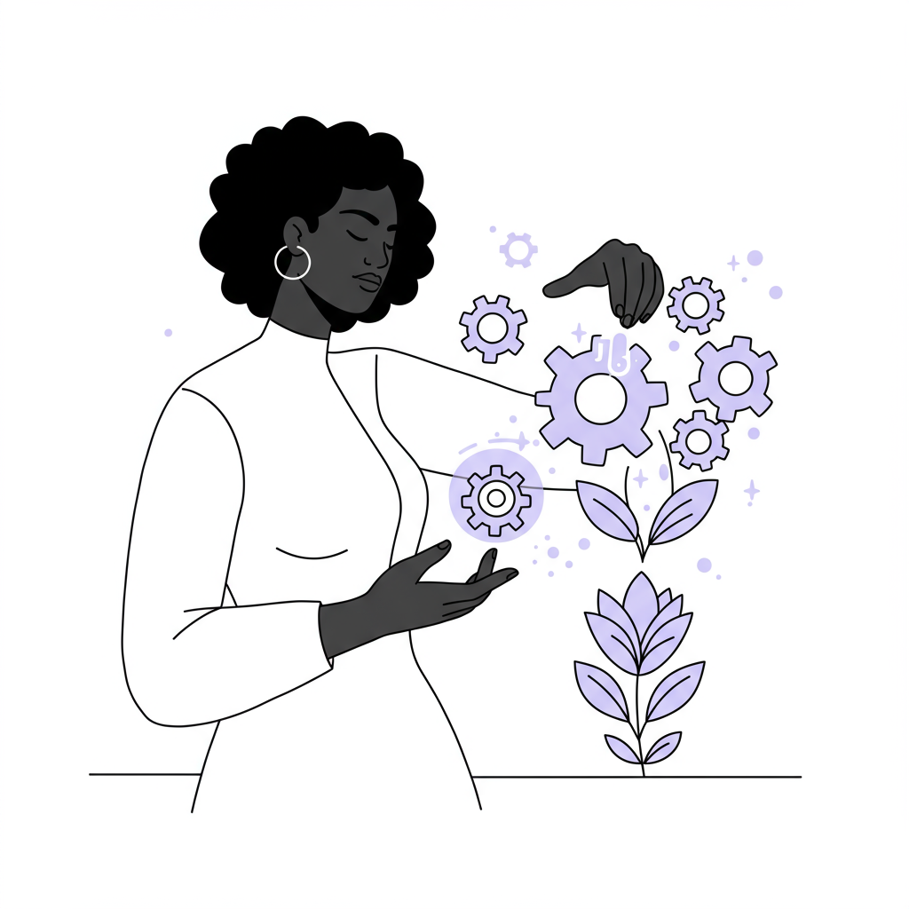 Black female entrepreneur systemizing business growth through interconnected gears to business flourish, pastel purple gear highlight | Femmeprenista