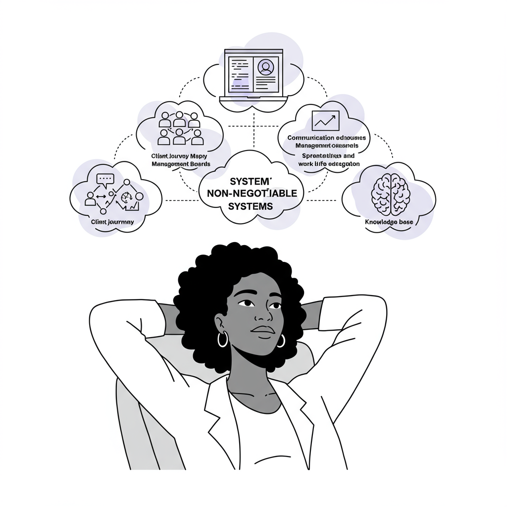 Chic line art: Black woman entrepreneur calmly systemizing, icons of workflow overhead, purple accent | Femmeprenista