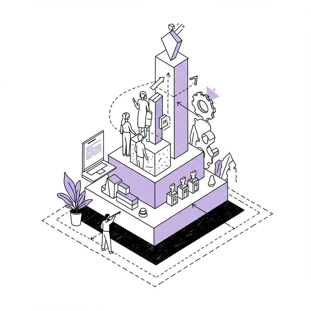 Modern chic line art: Architectural blueprint symbolizing scaling success through empowered leadership; pastel purple highlights vision | Femmeprenista