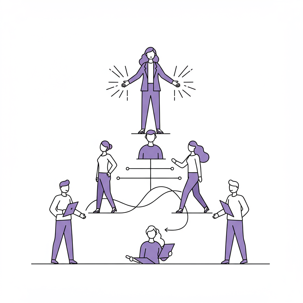 Chic line art: CEO empowering her team for scalable growth, pastel purple suit accent | Femmeprenista