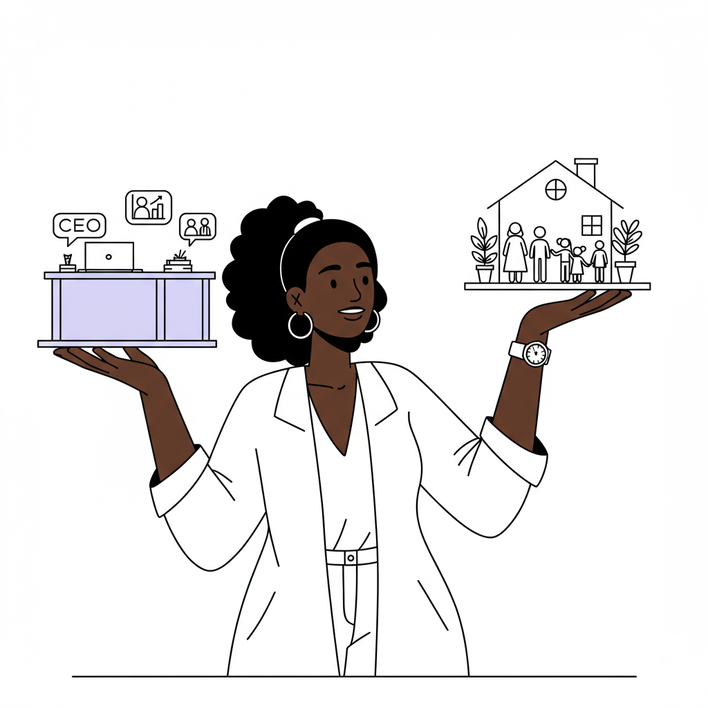 Black woman CEO chicly balancing work and family, modern line art with purple watch detail | Femmeprenista