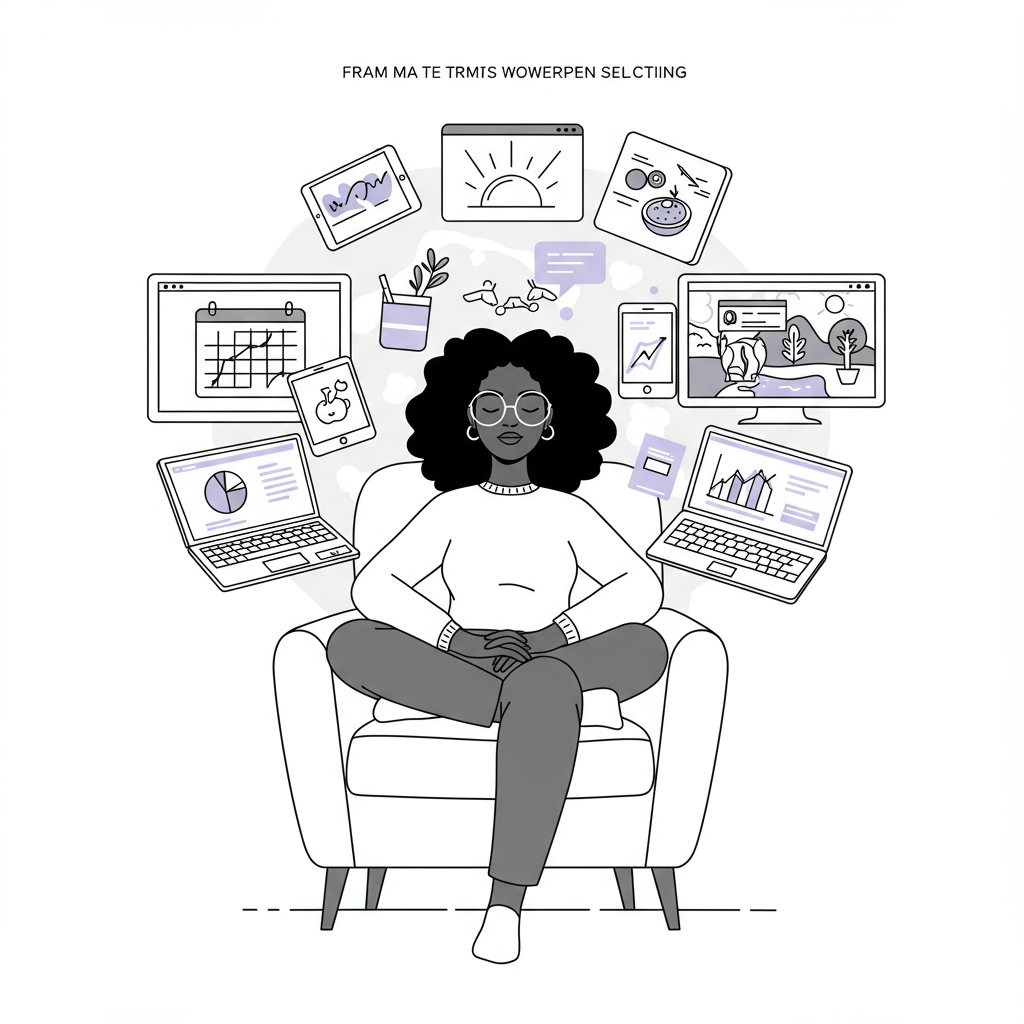 Line art: Black woman CEO transitioning from work screens to self-care symbols; pastel purple glasses accent | Femmeprenista