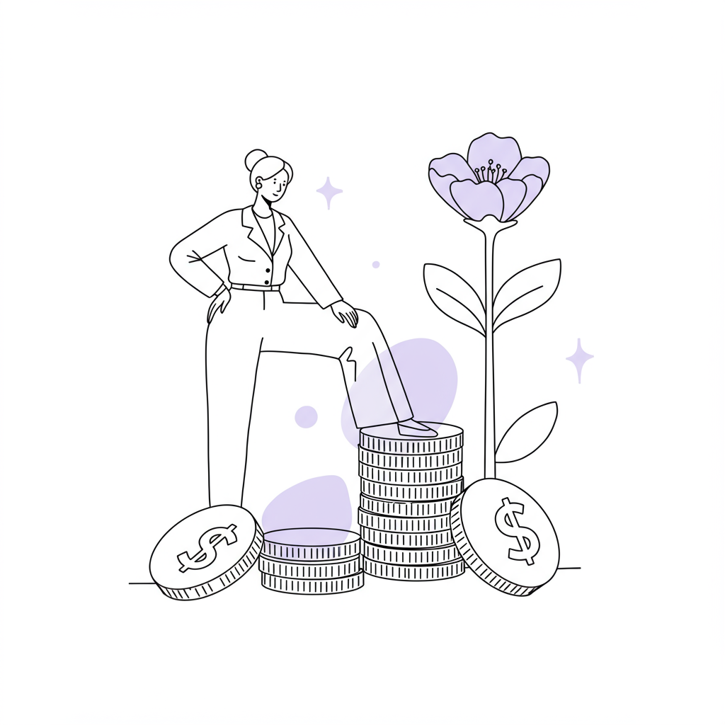 Elegant black and white line art: confident woman building business success, chic coins with pastel purple highlight symbolizing profit | Femmeprenista