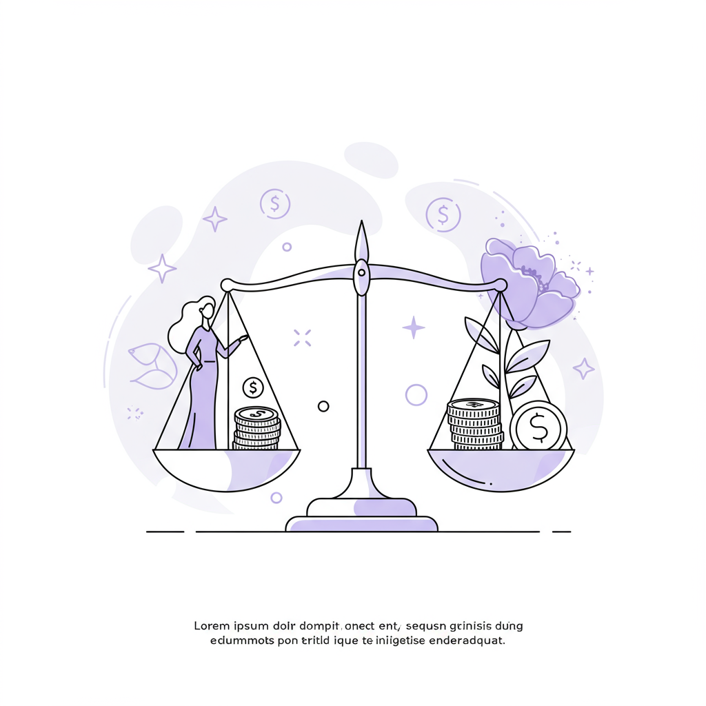 Line art scales balanced with Femmeprenista figure and profit (coins with flower), pastel purple flower accent | Femmeprenista
