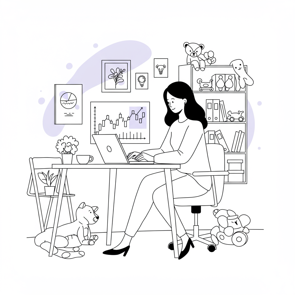 Modern line art: Mum entrepreneur smiling at financial chart in playroom, pastel purple highlight | Femmeprenista