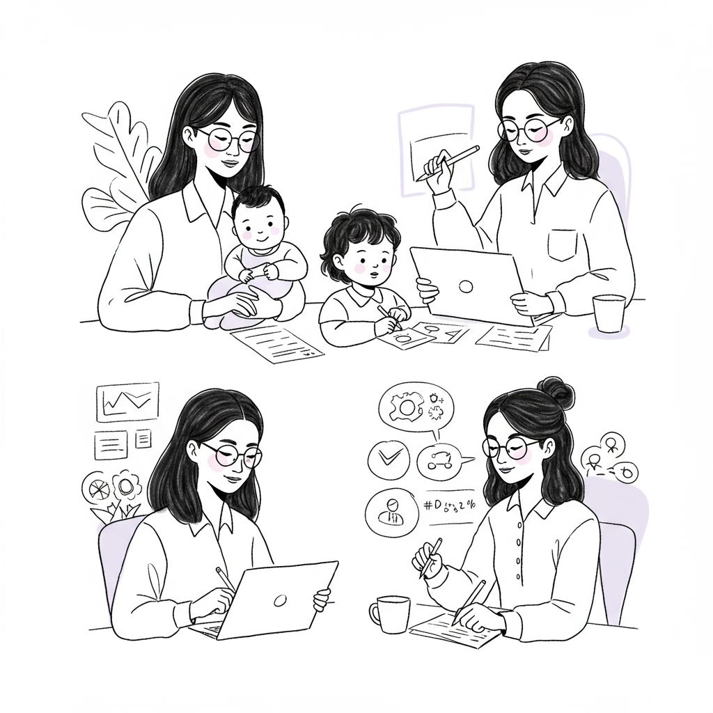 Chic line art: Four diverse CEO mums in a supportive frame, balancing business and family; pastel purple glasses | Femmeprenista