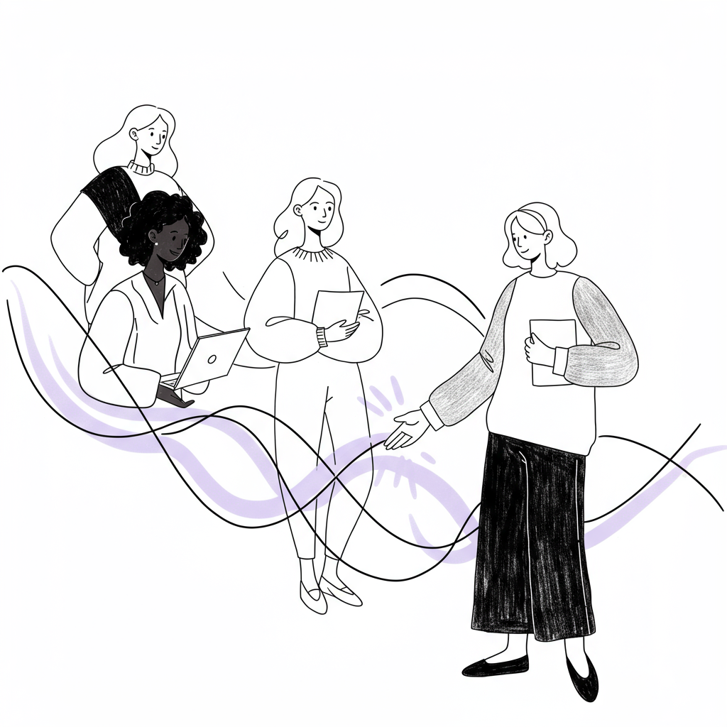 Chic line art: Three diverse female entrepreneurs connected by swirling lines, pastel purple accent highlighting support | Femmeprenista