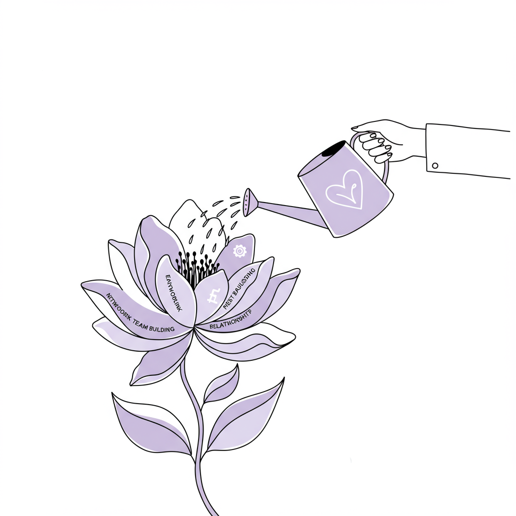Chic line art: Flower representing female entrepreneurship blooming from nurturing generosity; black and white with pastel purple water | Femmeprenista