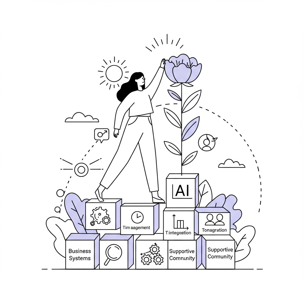 Black and white line art: CEO mum building success on business systems, time management, AI, and community; pastel purple flower | Femmeprenista