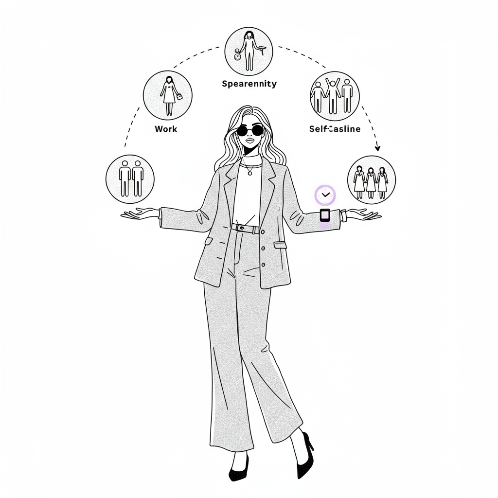 Modern line art: CEO mum effortlessly juggling work, family, self-care and community; pastel purple watch detail | Femmeprenista