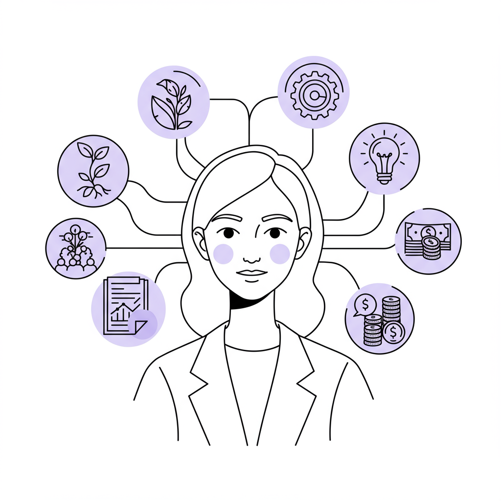 Chic black and white line art: Confident female entrepreneur with her business visualized as a network, purple seedling highlight | Femmeprenista