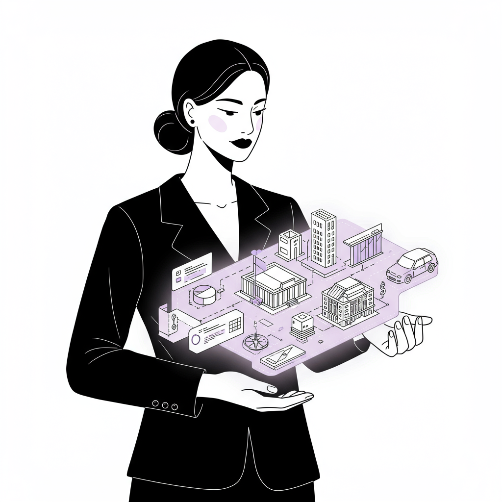 Modern line art: female entrepreneur unfurling a business blueprint with pastel purple compass, symbolizing strategic growth | Femmeprenista