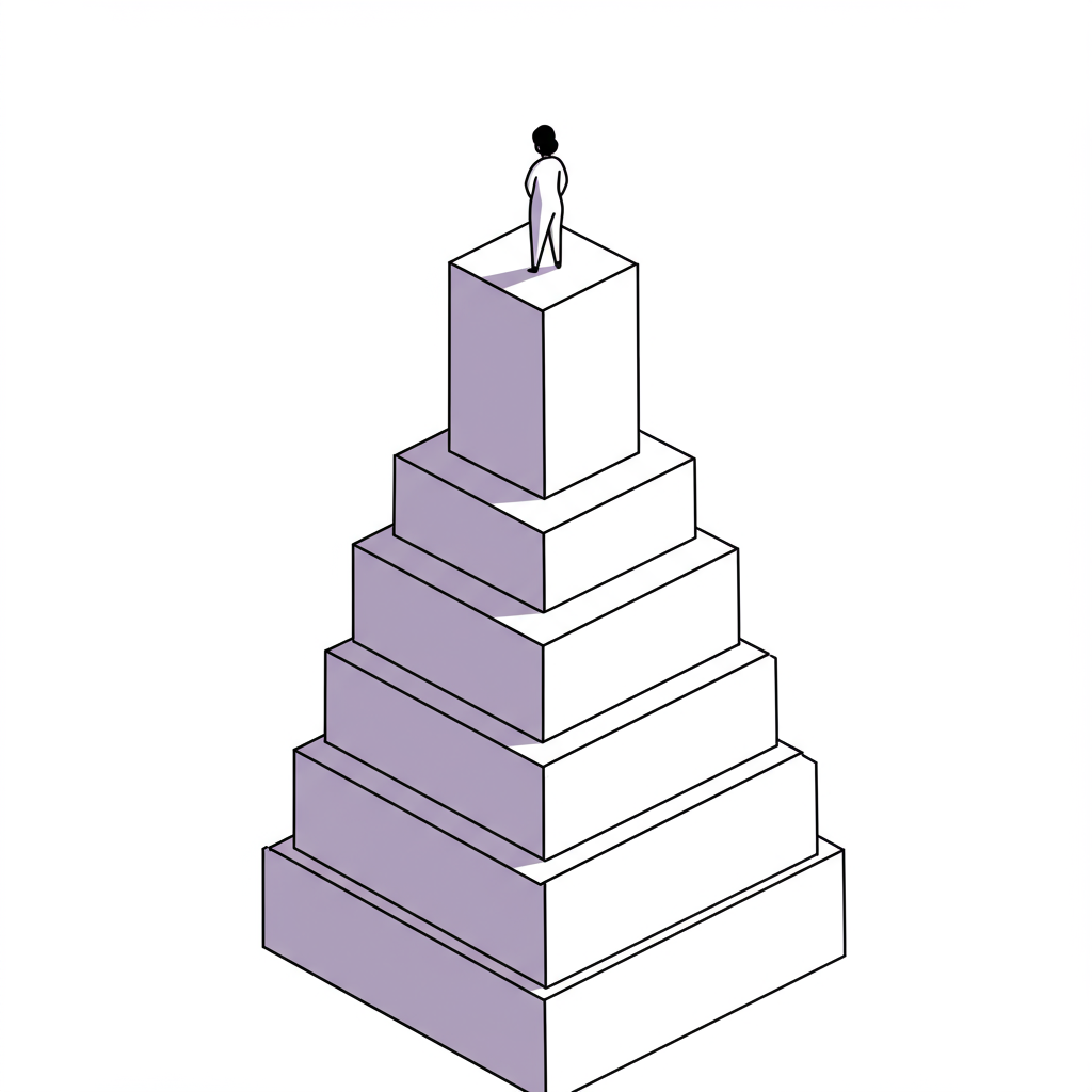 Chic line art: Black woman CEO atop a multi-tiered structure symbolizing growth, pastel purple accent; visionary leadership | Femmeprenista