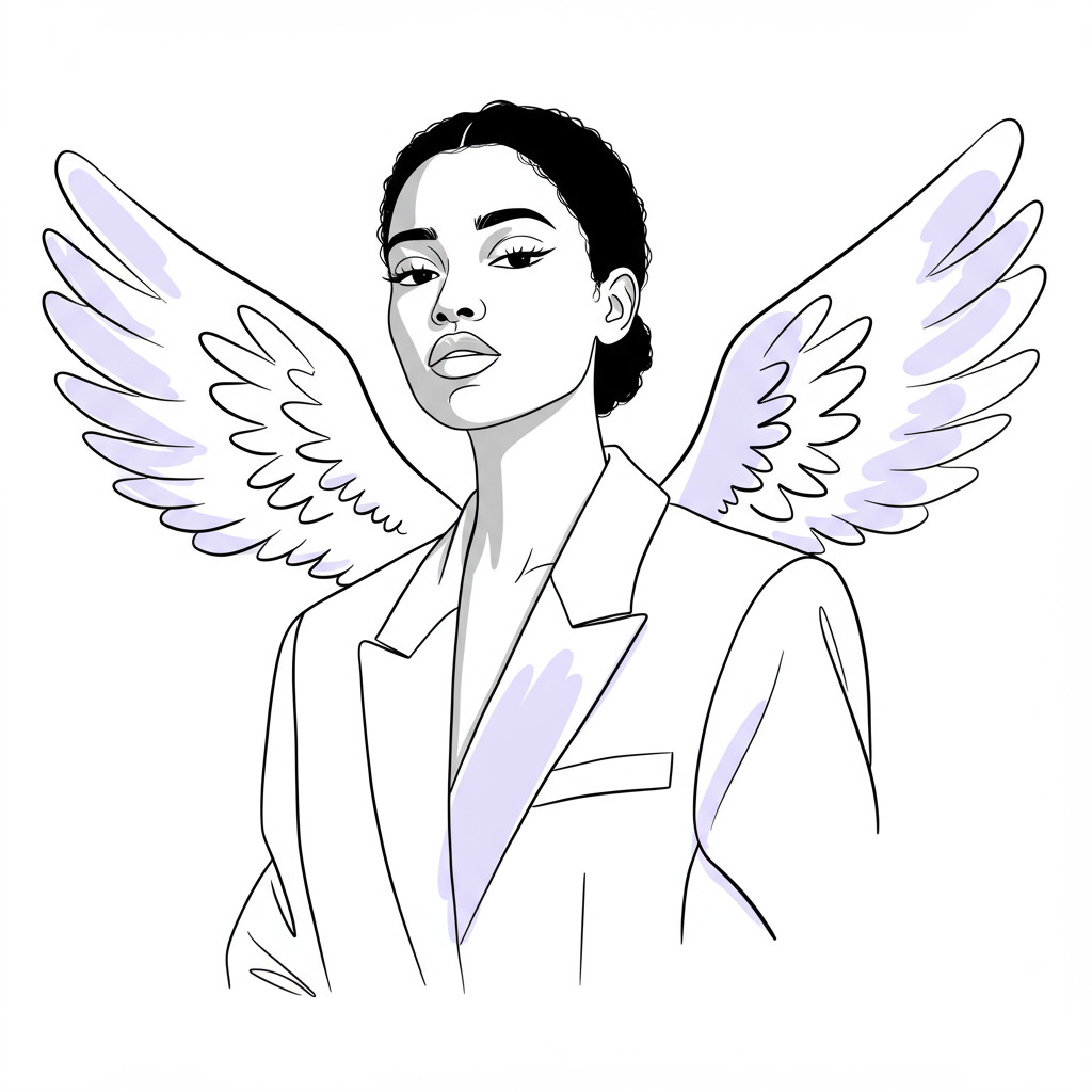 Line art: Black woman CEO with visionary wings, pastel purple blazer, embodies executive coaching and impact | Femmeprenista