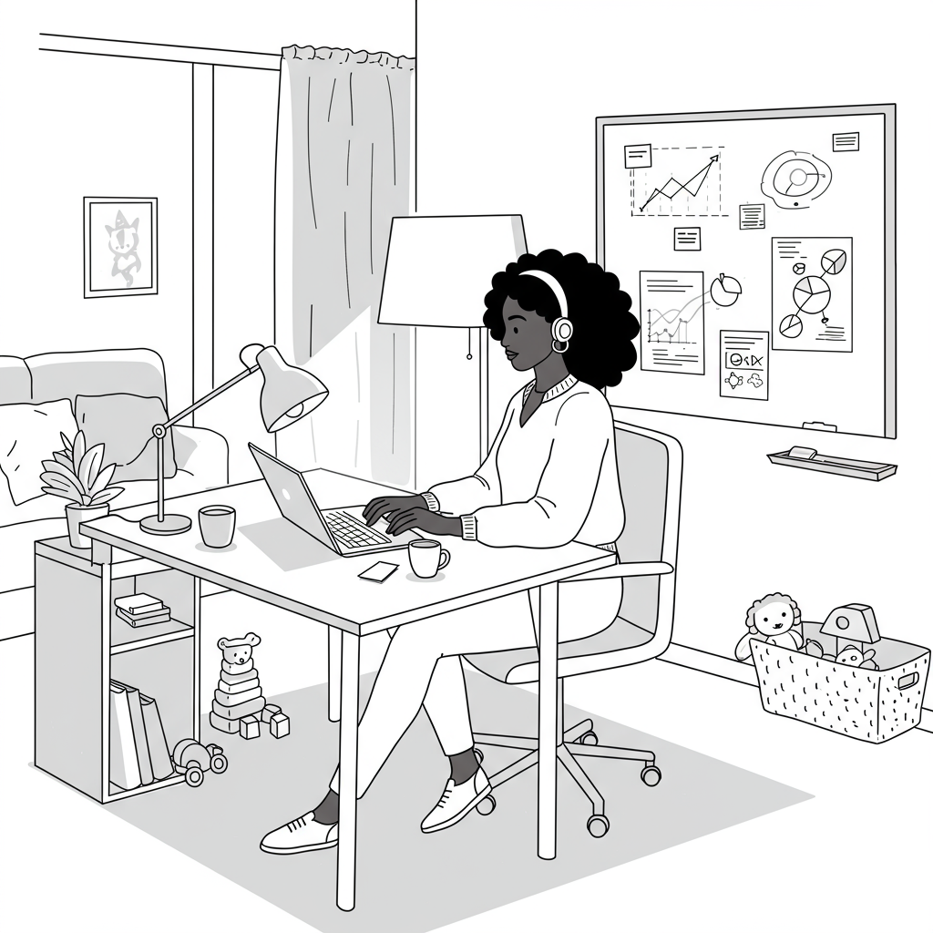 Chic line art: Black female entrepreneur works at home, children's toys nearby, pastel purple lamp | Femmeprenista