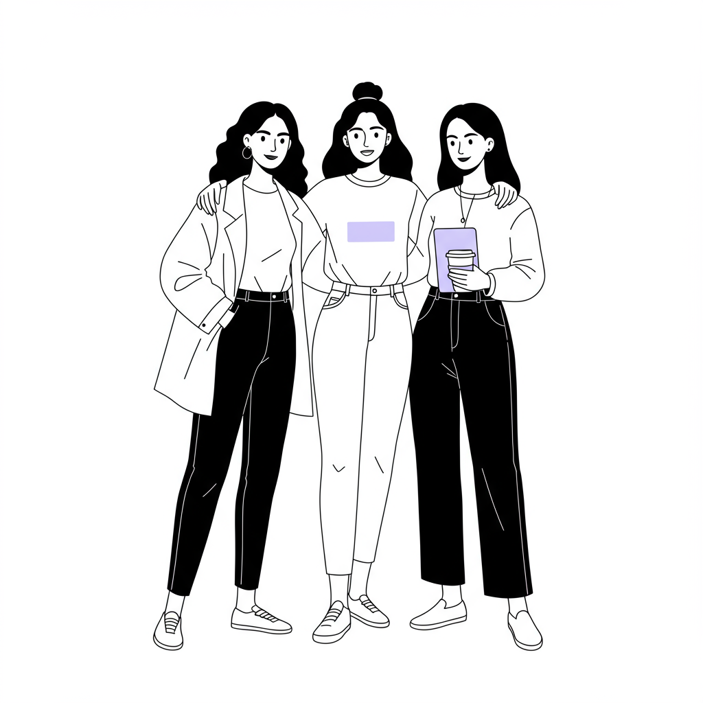 Modern line art of three diverse female entrepreneurs standing together, pastel purple accent on tablet symbolizing support | Femmeprenista