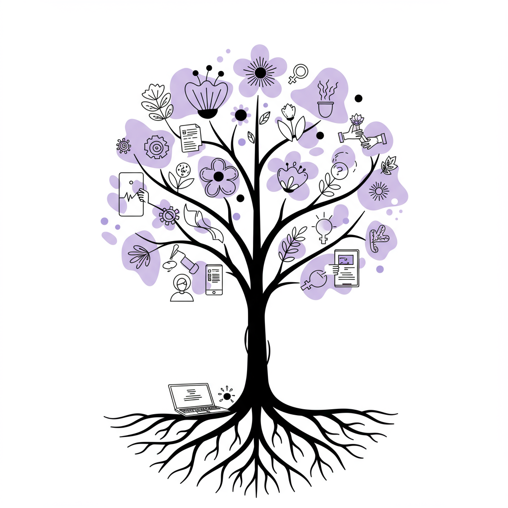 Modern line art: Stylized tree with interwoven roots, representing Femmeprenista female entrepreneur support and growth; pastel purple blossoms | Femmeprenista