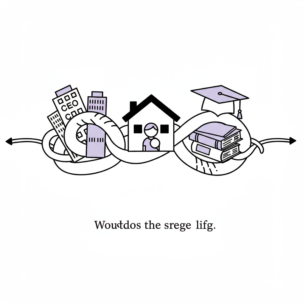 Line art: CEO building, home with child, books intertwined, pastel purple graduation tassel symbolize balance | Femmeprenista