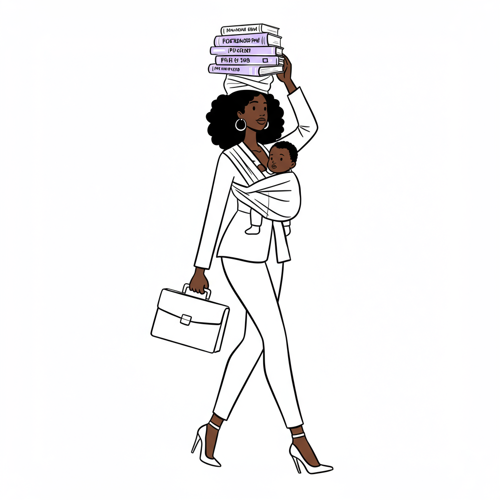 Chic line art: Black CEO mother balancing baby, briefcase, PhD books; pastel purple book accent | Femmeprenista