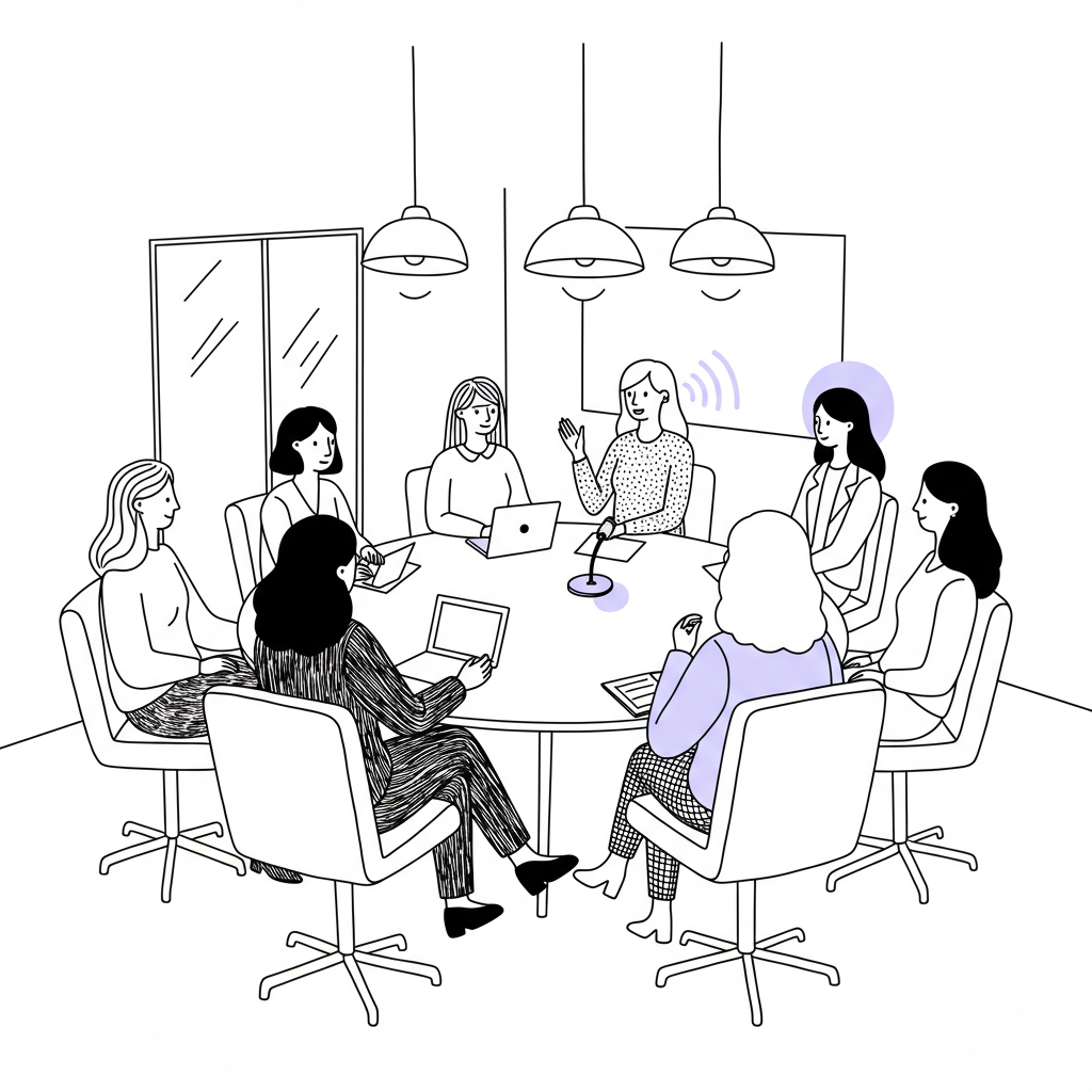 Modern line art illustration of diverse women collaborating around a table; pastel purple microphone highlights empowered voices | Femmeprenista