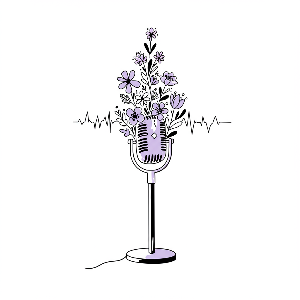 Chic line art of a microphone emitting soundwaves that blossom into flowers, pastel purple accent on mic | Femmeprenista