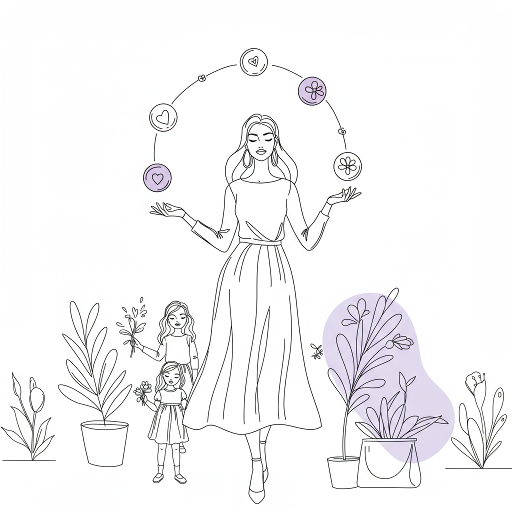 Line art illustration: Stylish mum juggling family, business, and wellbeing; pastel purple accent on wellbeing ball | Femmeprenista