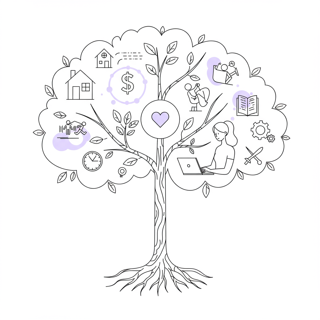 Chic line art: Mum entrepreneur with laptop under tree symbolizing life balance; pastel purple heart detail | Femmeprenista