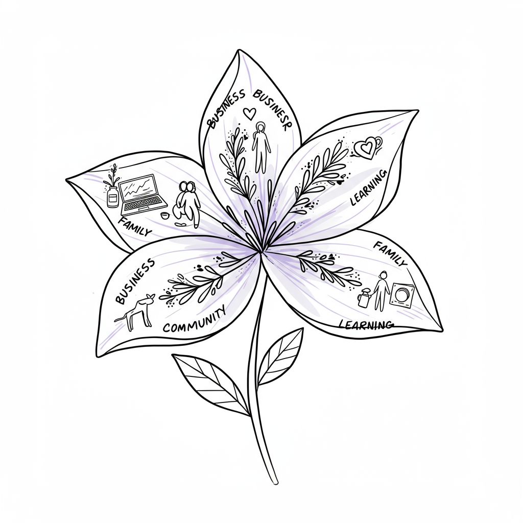 Chic line art illustration of a flower symbolizing a mum entrepreneur's balanced life; pastel purple stamen on white | Femmeprenista