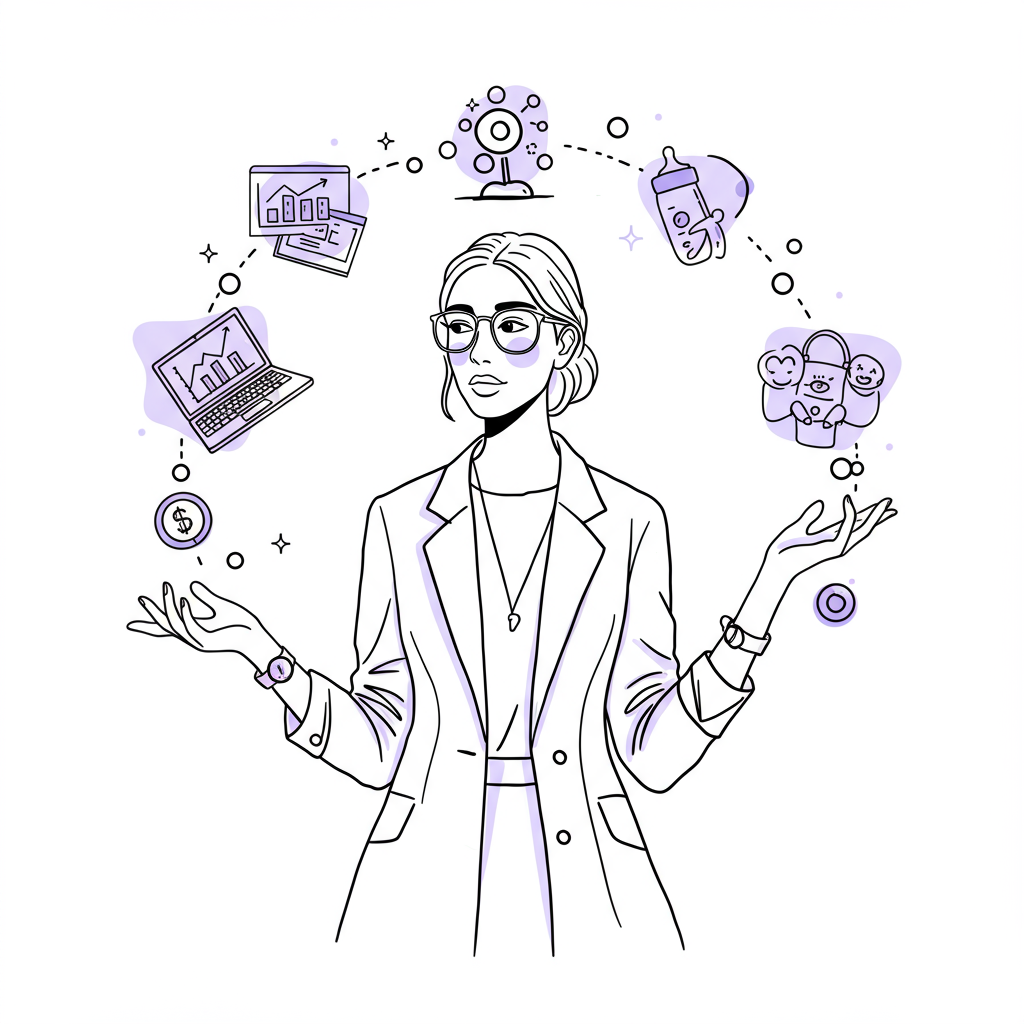 Chic line art: a female entrepreneur juggling business and motherhood with calm focus; pastel purple on wristwatch | Femmeprenista
