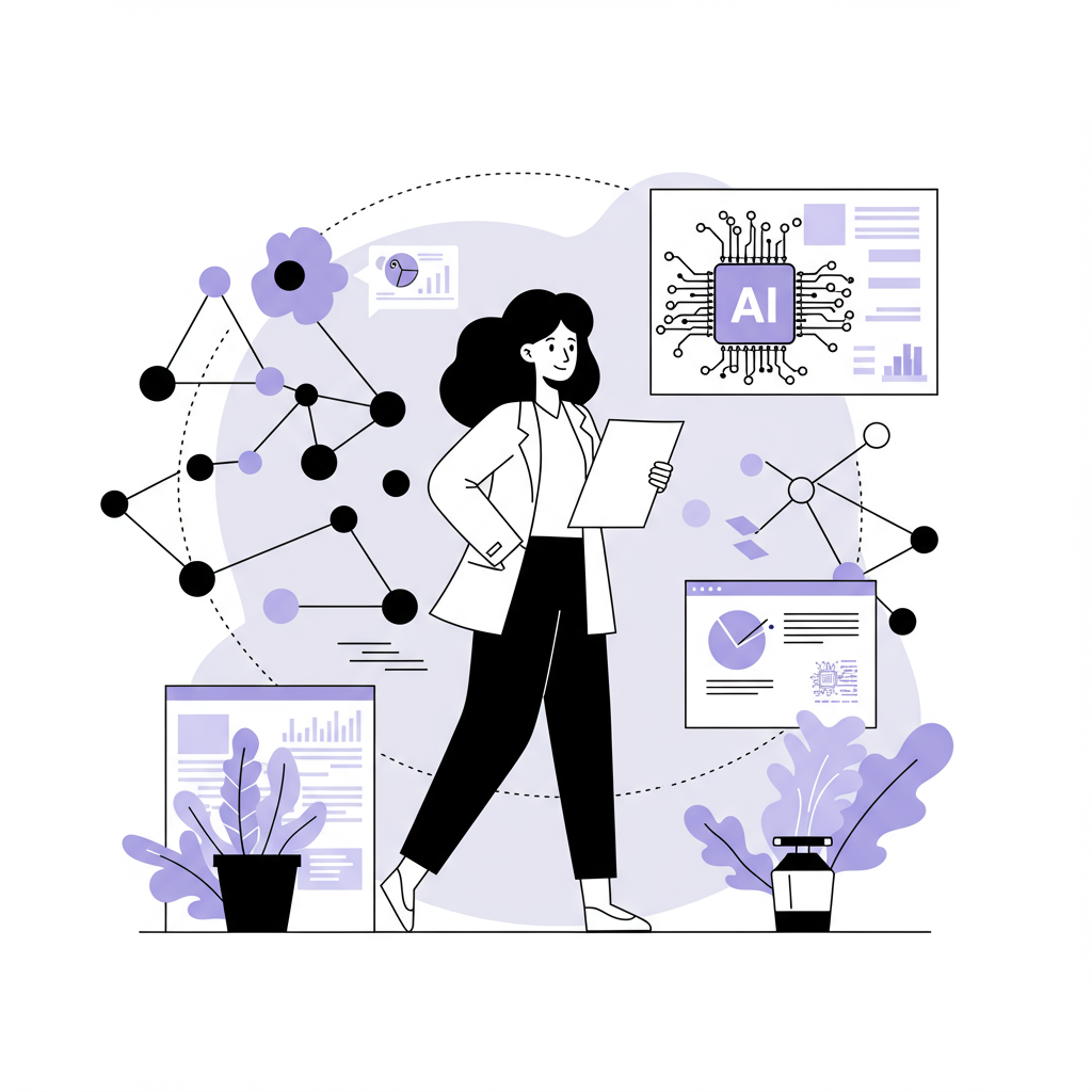 Chic line art: Confident female entrepreneur integrating AI into strategic plans, pastel purple nodes highlight AI's fusion | Femmeprenista