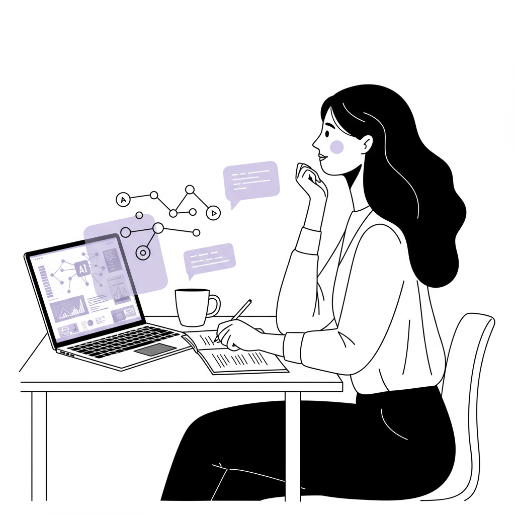 Chic line art: a female entrepreneur thoughtfully sketching, blending AI insights into her vision; pastel purple laptop screen | Femmeprenista
