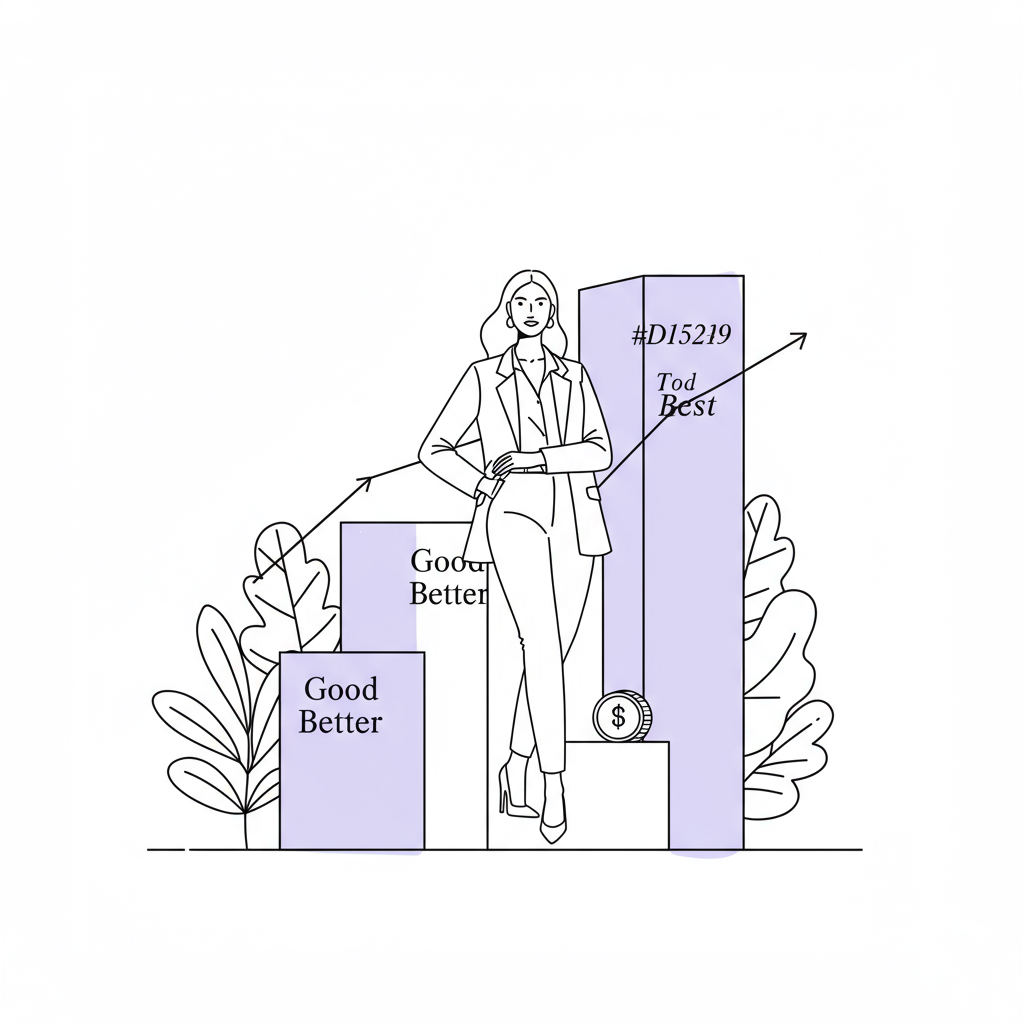 Chic line art: Confident female entrepreneur scaling her business with tiered platform visualization; pastel purple highlights premium level | Femmeprenista