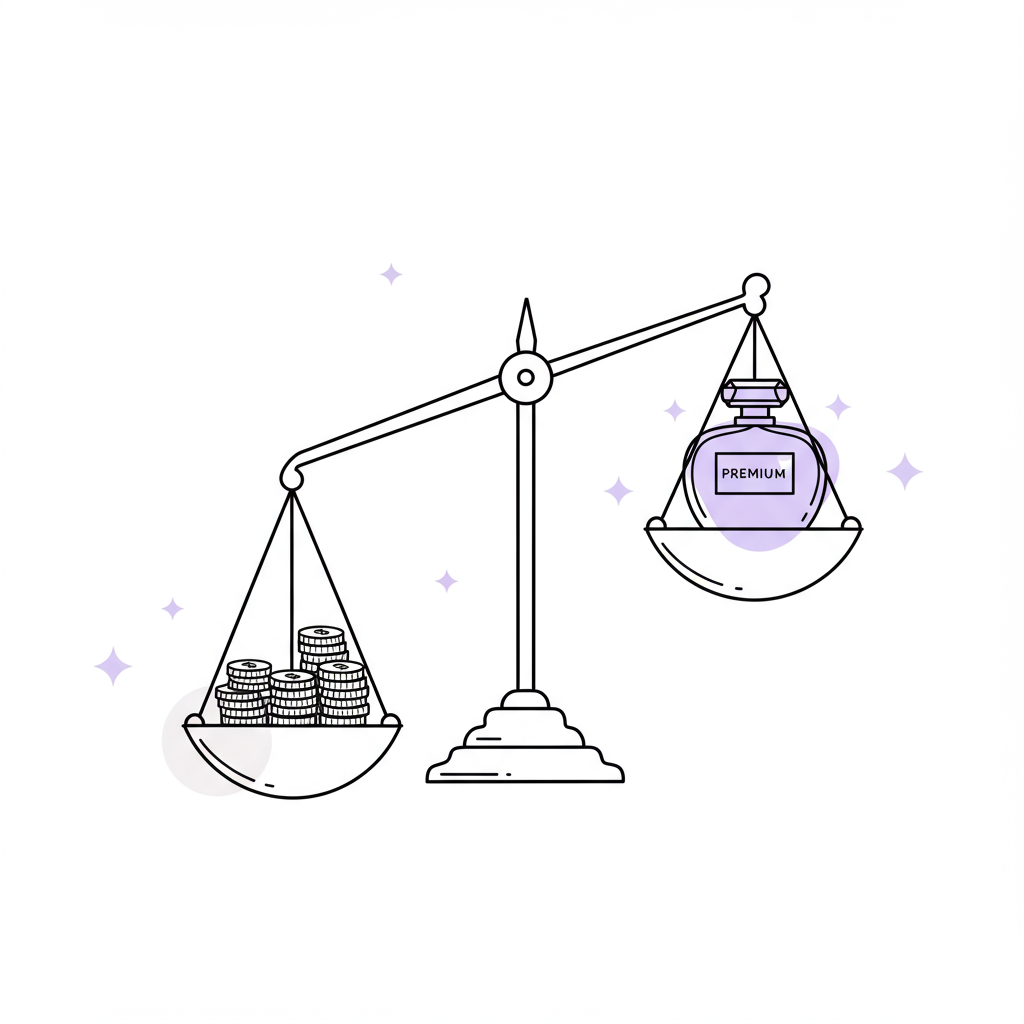 Elegant line art: Balance scale showing premium offer outweighs many small sales; pastel purple accent | Femmeprenista