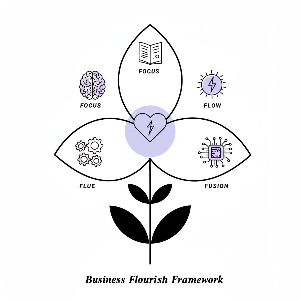 Black and white line art of the Business Flourish Framework as a blooming flower; pastel purple heart highlights sustainable growth | Femmeprenista