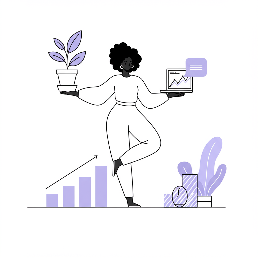 Chic line art: Black woman entrepreneur balancing sustainable income (plant) and AI (laptop); pastel purple leaves | Femmeprenista