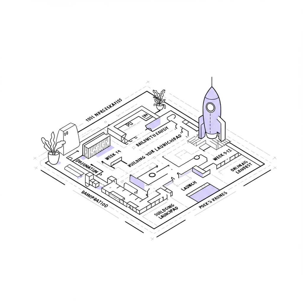 Chic black and white line art blueprint showing online service business launch plan; pastel purple rocket for launch phase | Femmeprenista
