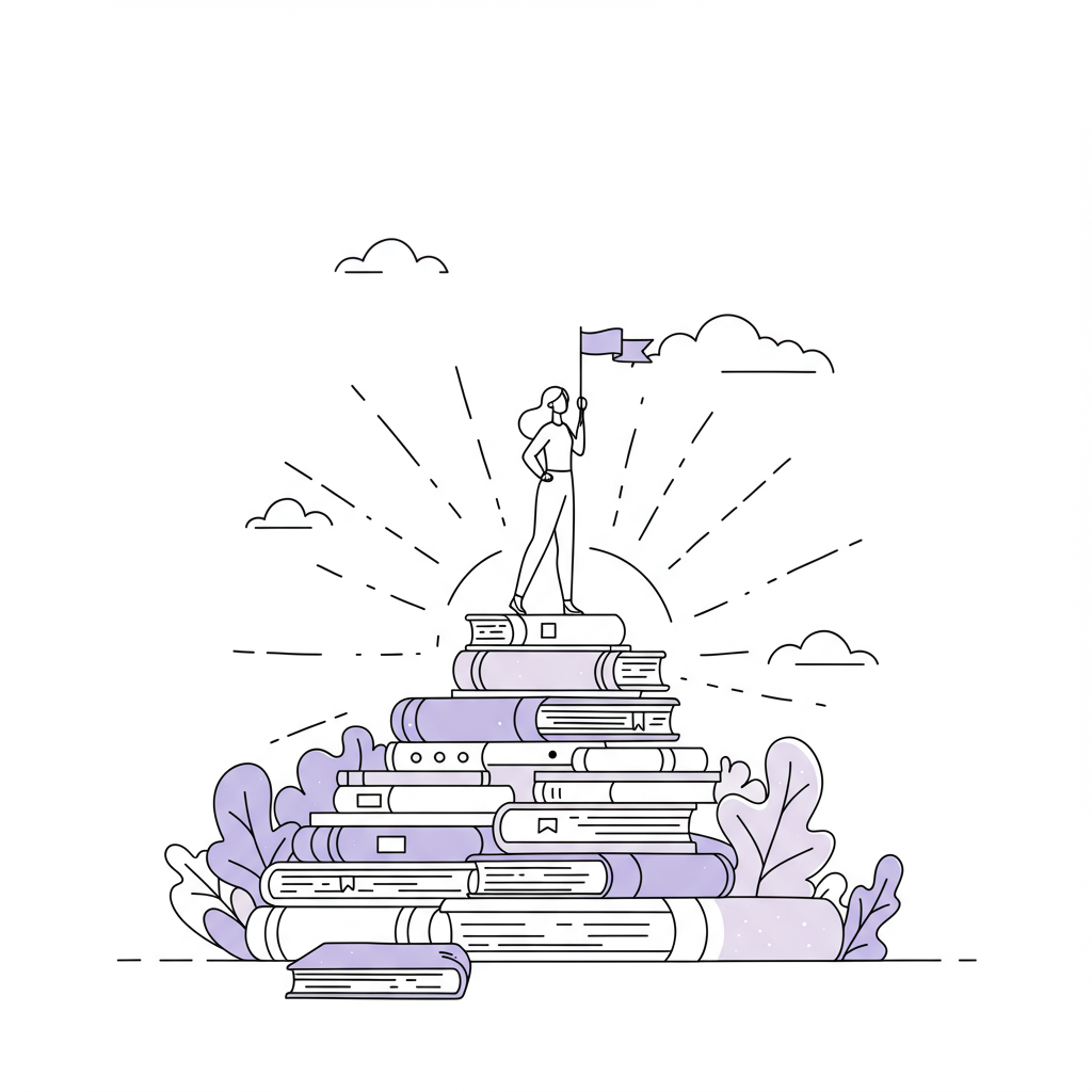 Black and white line art: Female entrepreneur atop book mountain gazing at sunrise, pastel purple flag symbolizes her service launch | Femmeprenista