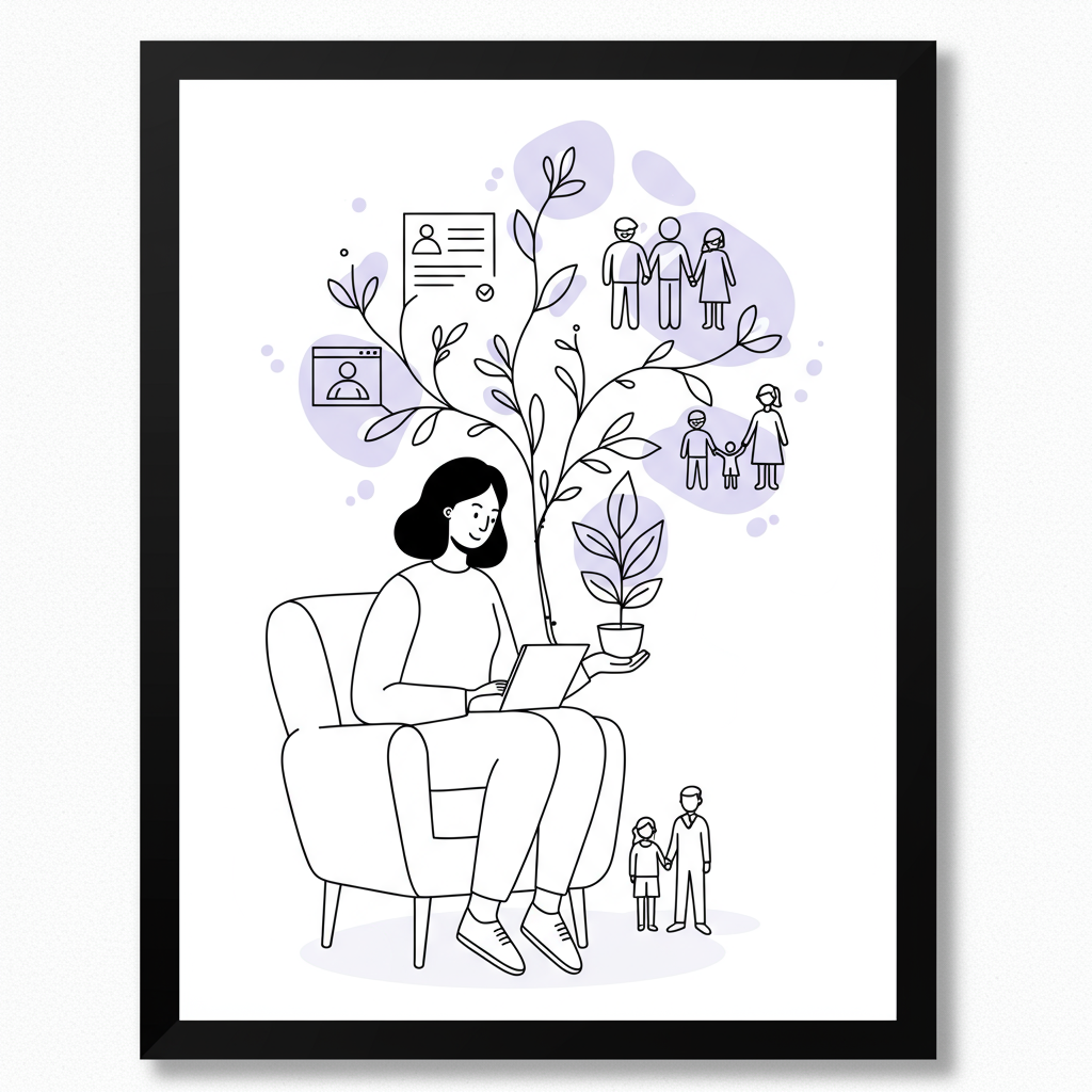 Chic black and white line art: serene woman with thriving plant, symbols of work-life balance; pastel purple leaves | Femmeprenista